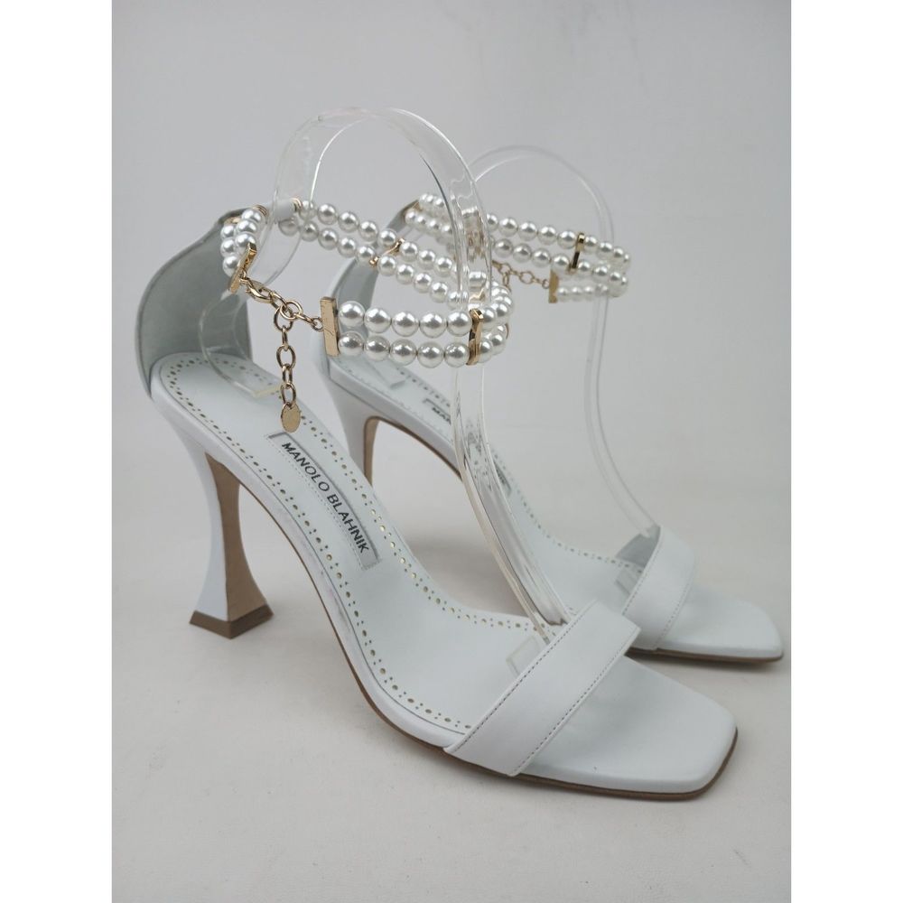 Manolo Blahnik Charona 105 White Faux Pearl Ankle Strap Sandals Size 39